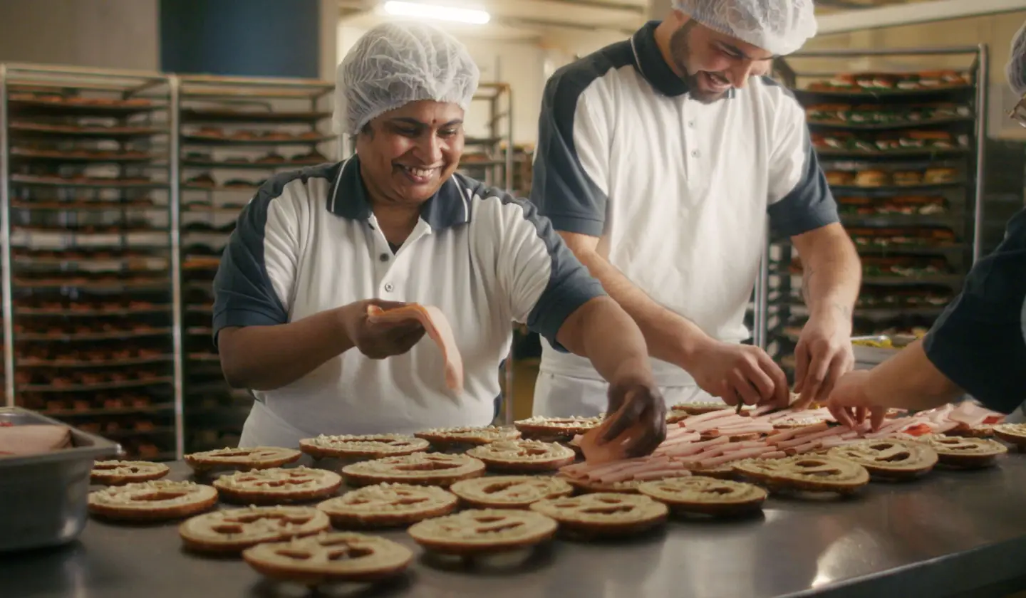 Mitarbeiter belegen Laugenbrezeln mit Aufschnitt in der Backstube.